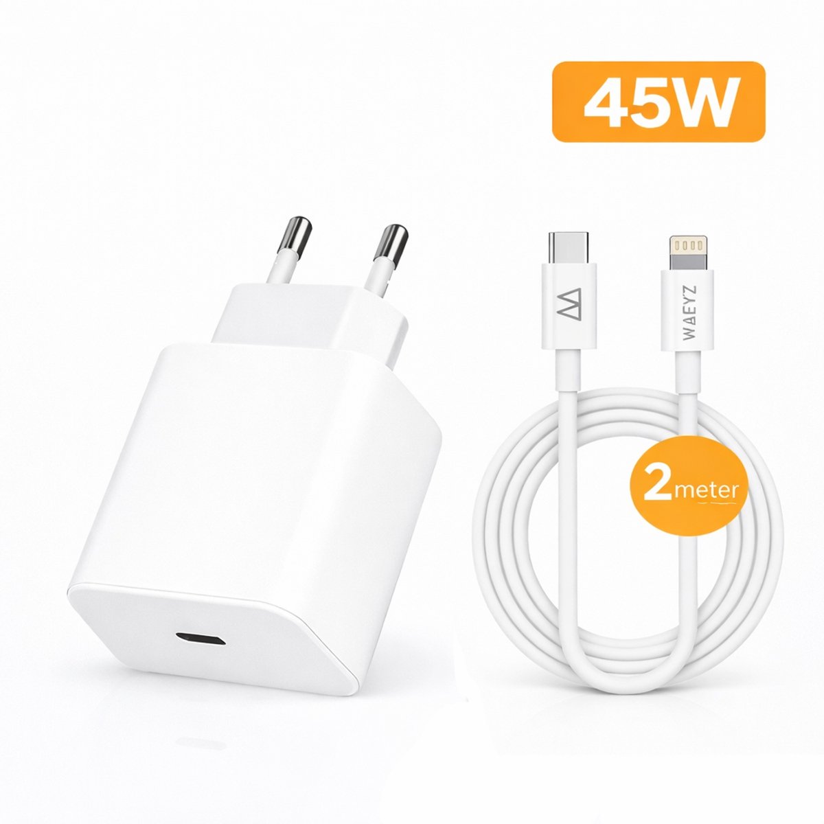 WAEYZ 45W USB-C Super Snellader Set - Adapter + 2m USB-C kabel naar Compatible Lightning aansluiting - Lader Fast Charger / Chargeur Rapide SET Compatible met iPhone (SE/X/11/12/13/14) & iPad – Snellader set