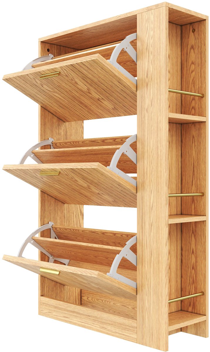 Merax Smalle Houten Schoenenkast - 3 Kleppen - Open Zijvakken - Schoenenopberger Voor Hal En Gang - Natuurlijk Hout Bruin - 70x23 5x115 cm