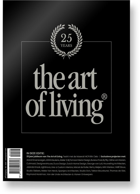 Voorpagina van "The Art of Living" magazine met "25 YEARS" logo bovenaan. Centraal de titel "the art of living" in sierlijke letters.