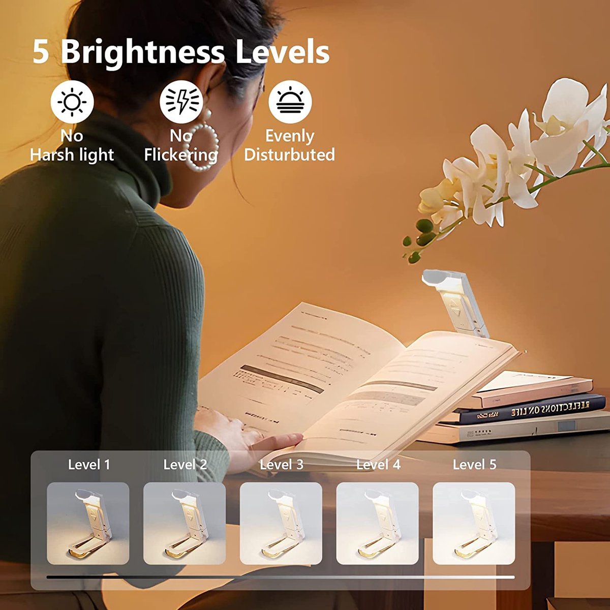 Leeslamp - Leeslampje - Boeklamp - Oplaadbaar leeslampje - USB - opvouwbare leeslamp - blauwlichtfilter - draagbaar studielampje - 500 mAh - wit — cadeau in Gadgets - foto 5