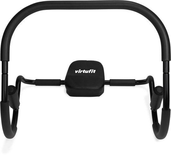 Zwarte VirtuFit buikspiertrainer met hoofdsteun, van voren gezien.