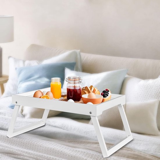 Opklapbare tafel - Multifunctionele opklapbare tafel voor thuis - Opklapbare bamboe nachtkastjestafel - Kan gebruikt worden als eettafel, tv-tafel, laptoptafel, snacktafel, banktafel of werktafel - Wit — afbeelding 4