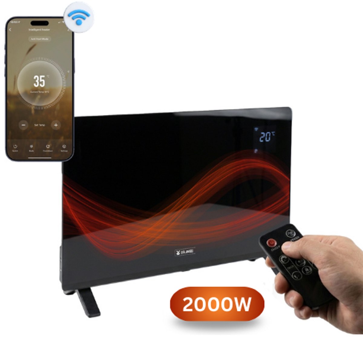 BluMill Elektrische Convectorkachel 2000W - Slimme verwarming - Incl. Afstandsbediening en Wifi - Elektrische Kachel - Glazen Design Paneelheater - Infrarood Paneel - Ingebouwde Thermostaat - Paneelverwarming – Zwart