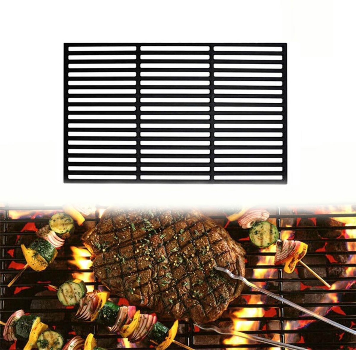 Aufun Gietijzeren Grillrooster - 42 X 28 Cm - 1 Stuk - Rechthoekig Grillaccessoires - GeëMailleerde Grillroosterset - Geschikt Voor Barbecues En Houtskoolgrills