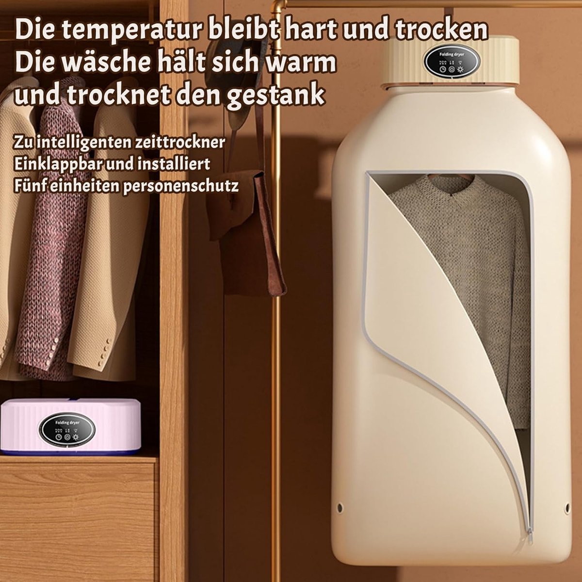 Condensdroger Wasdroger - Multifunctionele Droger - Opvouwbare Droogmachine - met UV Sterilisatie - 3 Timerstanden - 2 Snelheden - 45 dB Stil - Elektrisch Droogrek - Voor Thuis & Campers & Appartementen & Hotels thumbnail 5