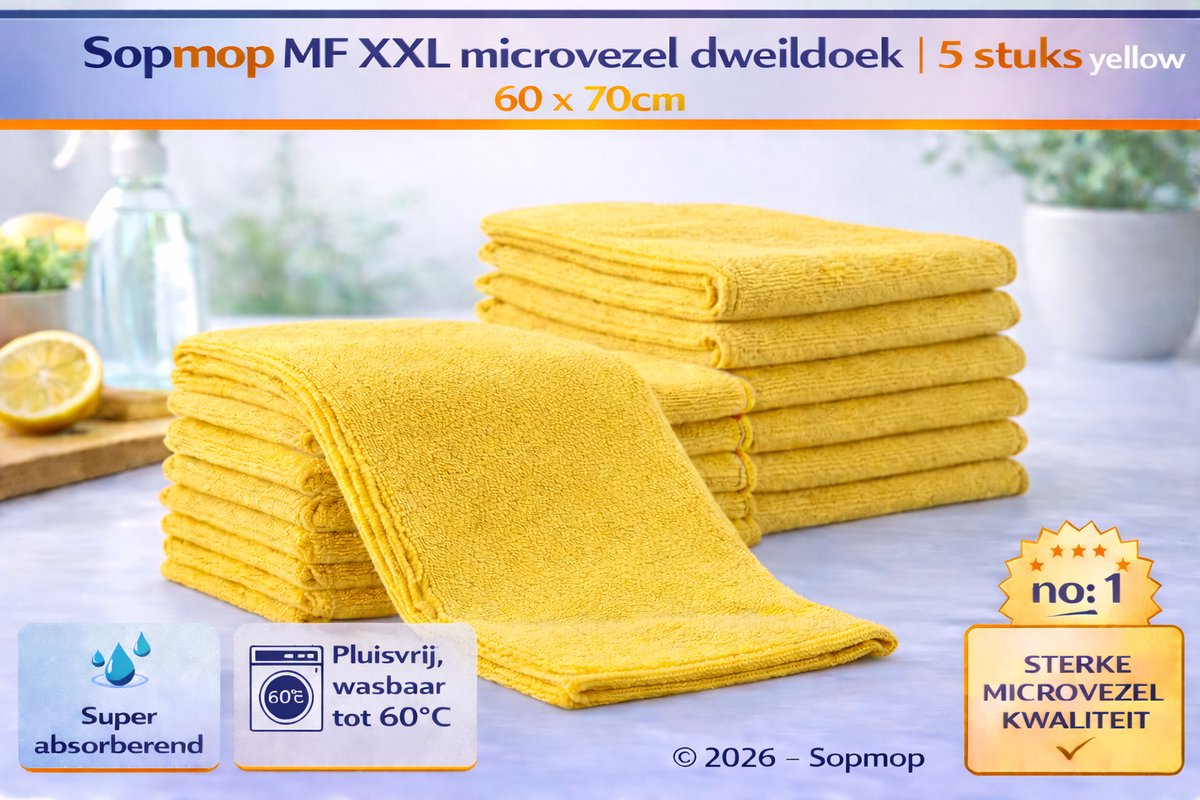 Sopmop Microvezel Dweil Doek MF XXL Yellow 5 stuks - Zware Professionele Kwaliteit - 60 x 70cm