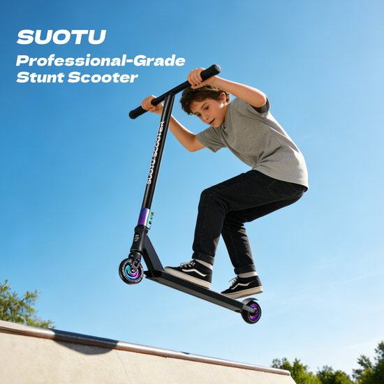 Suotu Stuntstep - Step - Kinderstep - Silent axle - Speelgoed Jongens/Meisjes - Maximale stuurhoogte: 78 cm - Aluminium - Zwart/NEO