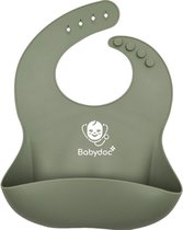 Sagegroene Babydoc siliconen slab met opvangbakje en een wit logo met een baby met stethoscoop en de tekst Babydoc.
