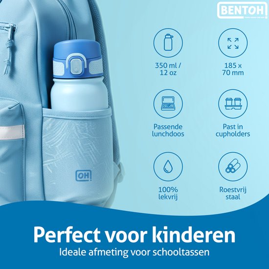 BentOH! RVS Waterfles 350ml Kinderen & Volwassenen - Blauw - Anti-overloop & Lekvrij – Met Eén Hand te Openen – BPA-vrij & Vaatwasserbestendig