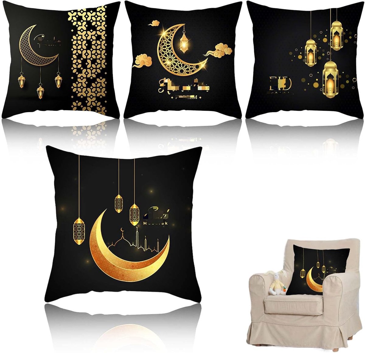 Famanu 4 stuks decoratieve Ramadan kussenhoezen - linnen met maan en lantaarn patroon - 45 x 45 cm - sfeervolle sierkussenovertrekken voor bank en woonkamer ZWART
