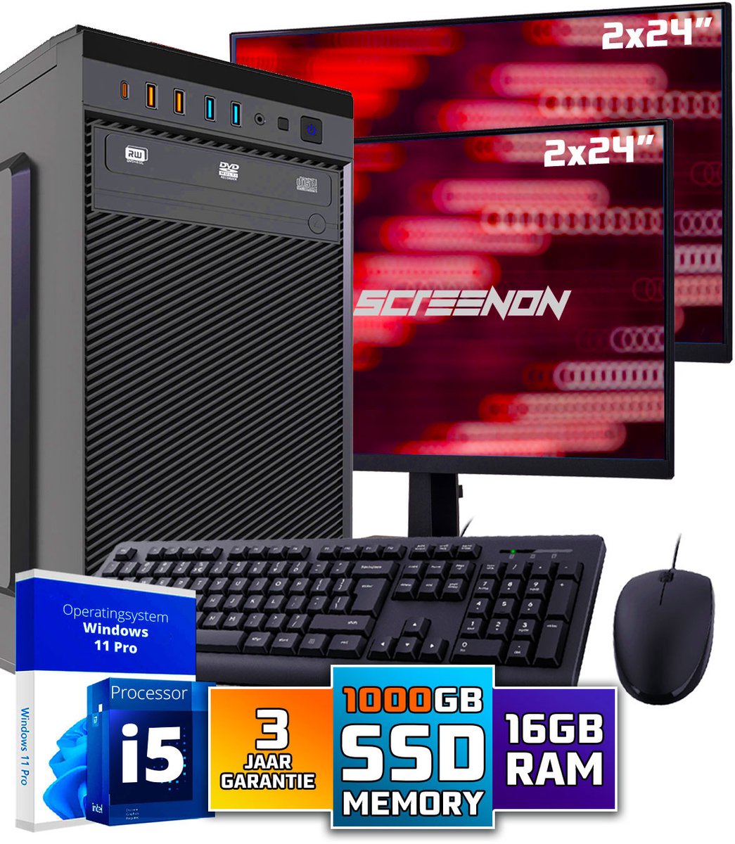 Intel Compleet PC SET | Intel Core i5 | 16 GB DDR4 | 1 TB SSD + 2 x 24 Inch Monitor + Muis + Toetsenbord | Windows 11 Pro + WiFi & Bluetooth