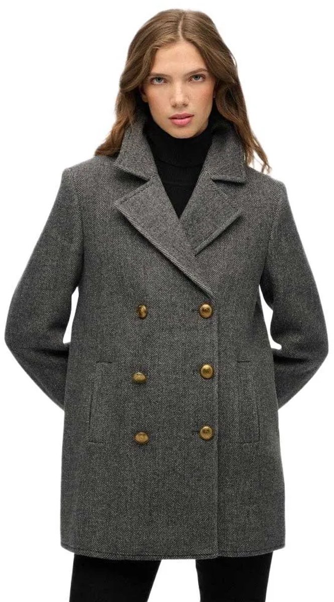 Superdry Double Breasted Pea Coat Dames Jassen Charcoal Herringbone