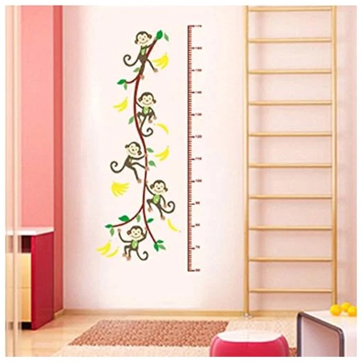 Muursticker - XL – Meetsticker – Jungle Zoo – 3 Apen aan tak met bladeren - Vrolijke dieren – Slaapkamer – Babykamer – Kinderkamer – Woonkamer (120cm x 90 cm)