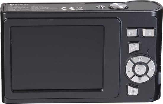 Achterkant van een zwarte camera met groot scherm en bedieningsknoppen. 'denver' logo en specificaties zichtbaar.
