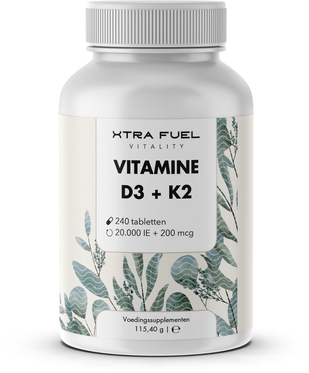 XTRA FUEL Vitamine D3 K2 20000 IE + Vitamine K2-MK7 99,7+% All-Trans - 240 tabletten - hooggedoseerd en zonder toevoegingen, laboratoriumgeteste kwaliteit
