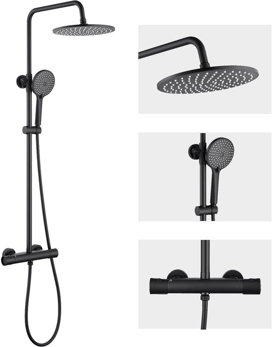 Auralum max - Douche à effet pluie avec robinet thermostatique - Douche à effet pluie et douchette à main - Pommeau de douche de 9 pouces - Design rond - Zwart