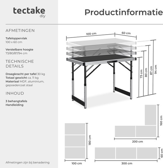 tectake® Aluminium Behangtafel - 3 Stuks - 100 x 60 cm - MDF-panelen - Inklapbare Behang Tafel - Ook te gebruiken als Campingtafel, Partytafel, Rommelmarkttafel, Werktafel - Vouwtafel - Klaptafel - Zwart van TecTake — afbeelding 5