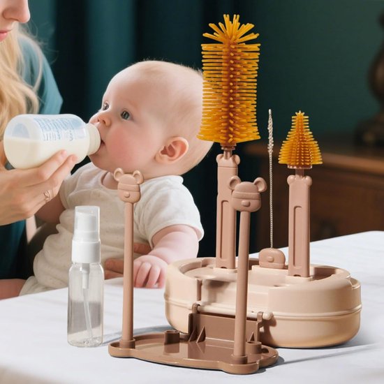 Flessenborstel Baby - Babyfles Schoonmaakset - Reisset - BPA vrij - Baby Flessenborstel - Siliconen - 7-in-1 - Flessenborstel - vaste basis - Geschikt voor Glazen, Theepotten, Buizen, Brooddozen En Spenen - Bruin van Flessenborstel Baby — afbeelding 2