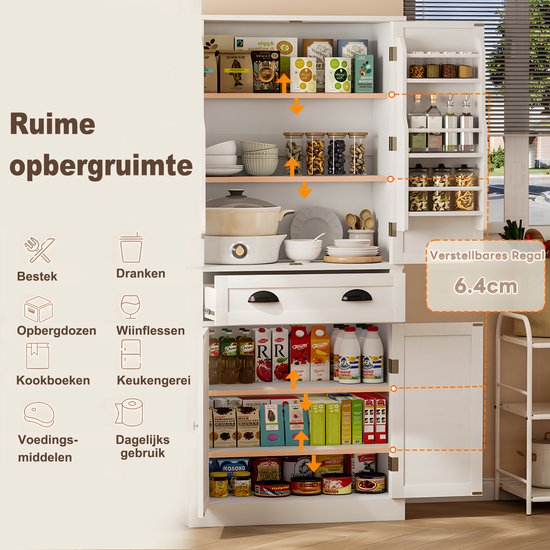 KOMFOTTEU Hoge keukenkast met verstelbare plank, buffetkast met