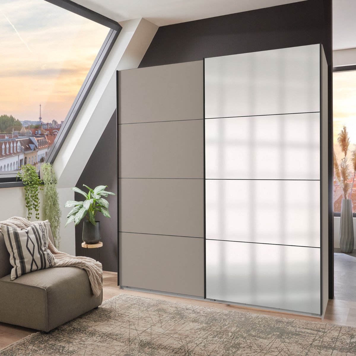 Kledingkast Rocco - Spaanplaat / Spiegel - Taupe - 180x210x65 cm (BxHxD) - Schuifdeuren - Zwart Metalen Handgrepen