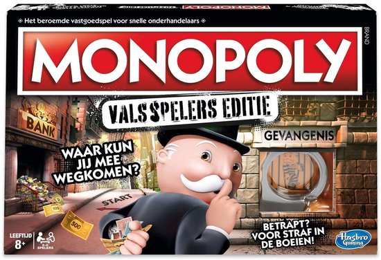 Monopoly Valsspelers Editie bordspel met Mr. Monopoly in een gevangeniscel.