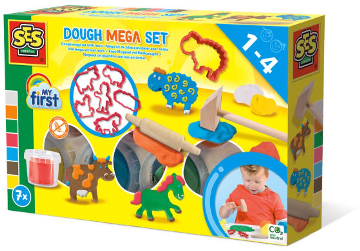 SES Creative - My First - Klei Mega Set - Tools en Klei Vormpjes - Glutenvrije klei in heldere kleuren - droogt niet uit - boerderij thema - met houten deegroller en hamer — afbeelding 6