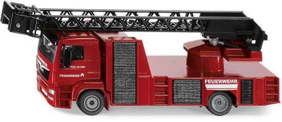 Rode brandweerwagen met een uitschuifbare, zwarte ladder. Het woord 'FEUERWEHR' staat op de zijkant.