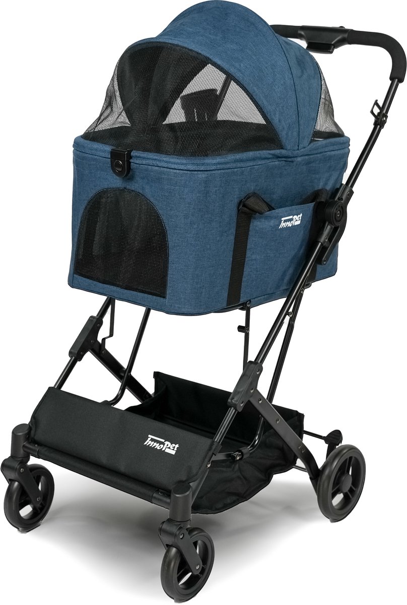 InnoPet Hondenbuggy 2 in 1 Compact - Te gebruiken als hondenbuggy en in de auto - Voor kleine honden tot 15 kg - Afneembare bak - Compact op te bergen - Blauw