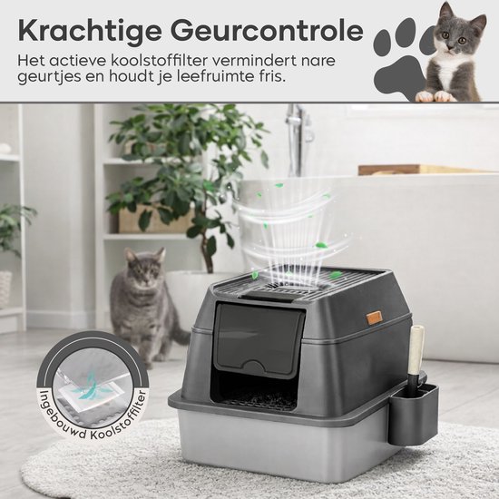 ADSafety Kattenbak RVS - Kattentoilet Roestvrijstaal - Incl. Kattenbakschep met Houder en Gritopvang Opstapje - 2 in 1 Open Kattenbak met Afneembare Deksel - 60x40x38cm - Donkergrijs