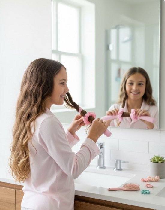 Een meisje met lang bruin haar draait een lok haar om een roze lint, met scrunchies en een haarborstel op de wastafel.