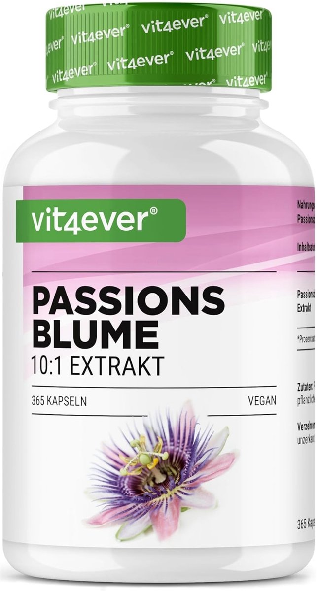 Passiebloem-extract - 365 capsules - Premium: 1100 mg extract 10:1 (komt overeen met 11000 mg passiebloem) per dagdosering - hoog gedoseerd, zonder onnodige toevoegingen, vegan