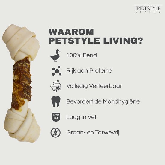Geknoopt bot voor honden: 100% eend, rijk aan proteïne, volledig verteerbaar, goed voor tandhygiëne, laag in vet.