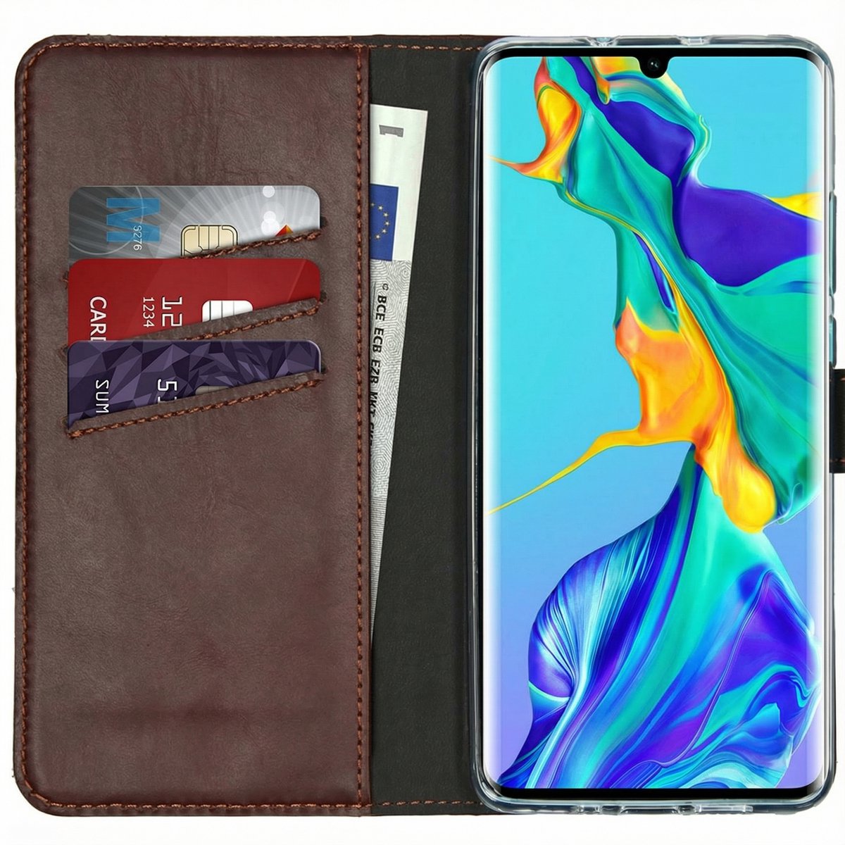 Selencia Hoesje - Geschikt voor Huawei P30 Pro - Echt Lederen Bookcase - Bruin