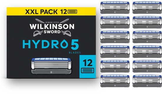 XXL Pack 12 Wilkinson Sword Hydro 5 navulmesjes, met scheermesjes en verpakking.