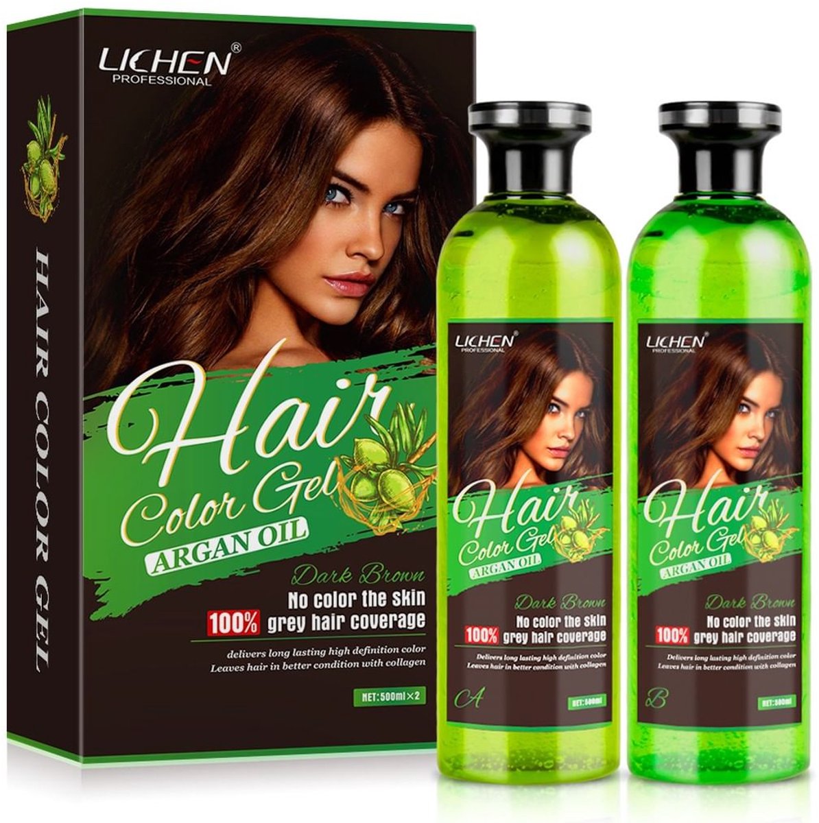LICHEN Argan Oil Hair Color Gel - Dark Brown - For Men & Women - Haarverf - NO AMMONIA - NO COLOR THE SKIN - 100% GREY HAIR COVERAGE