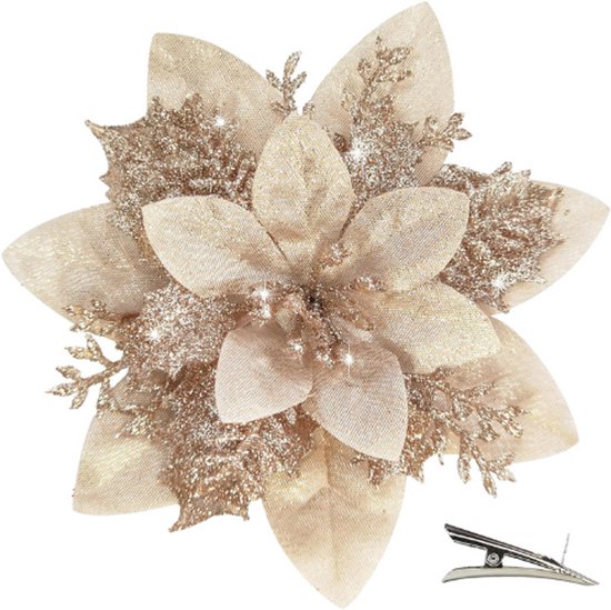 Set de 20 Fleurs de Noël artificielles à Glitter Champagne avec pinces – Poinsettias pour sapin de Noël, couronne et guirlande