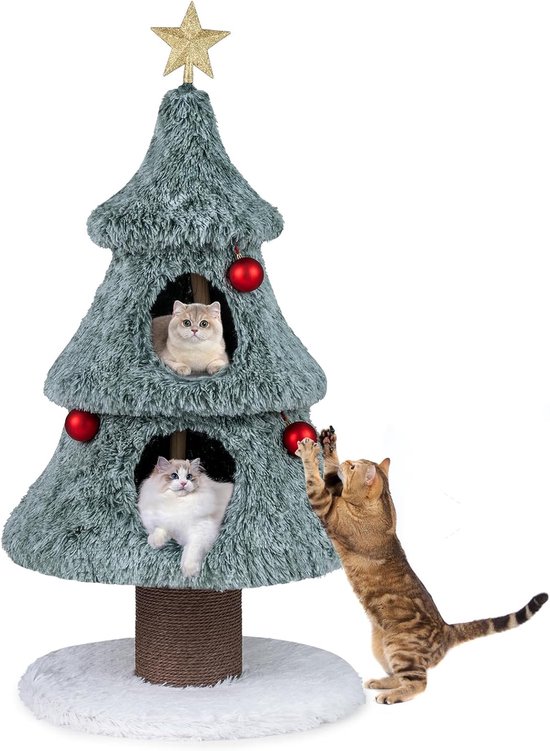 Arbre à chat de Noël, 123 cm avec 2 niches et griffoirs en sisal, décoration de Noël pour chat, meuble d'intérieur pour chats de toutes tailles, vert