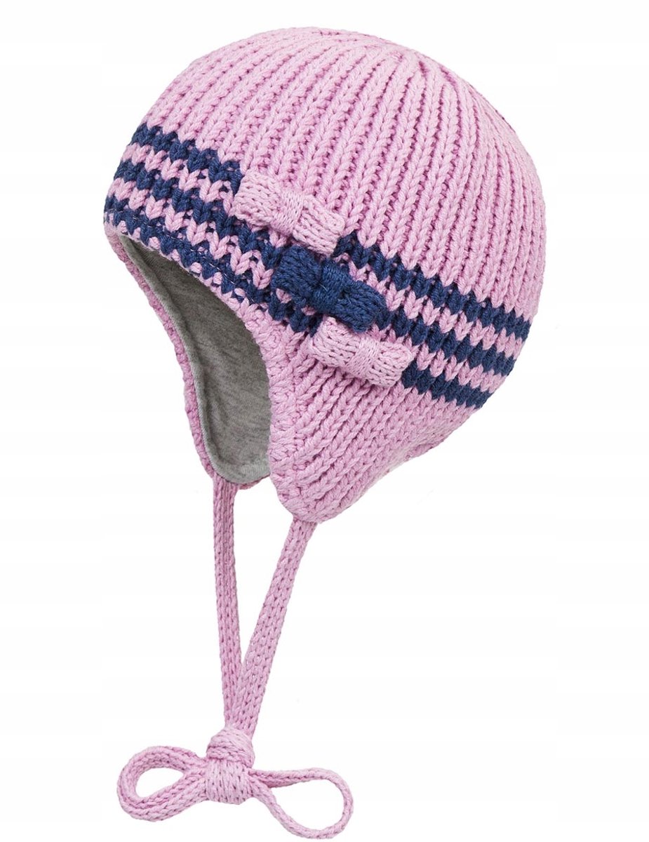 Baby muts roze Doll met oorflappen en strik, maat 43