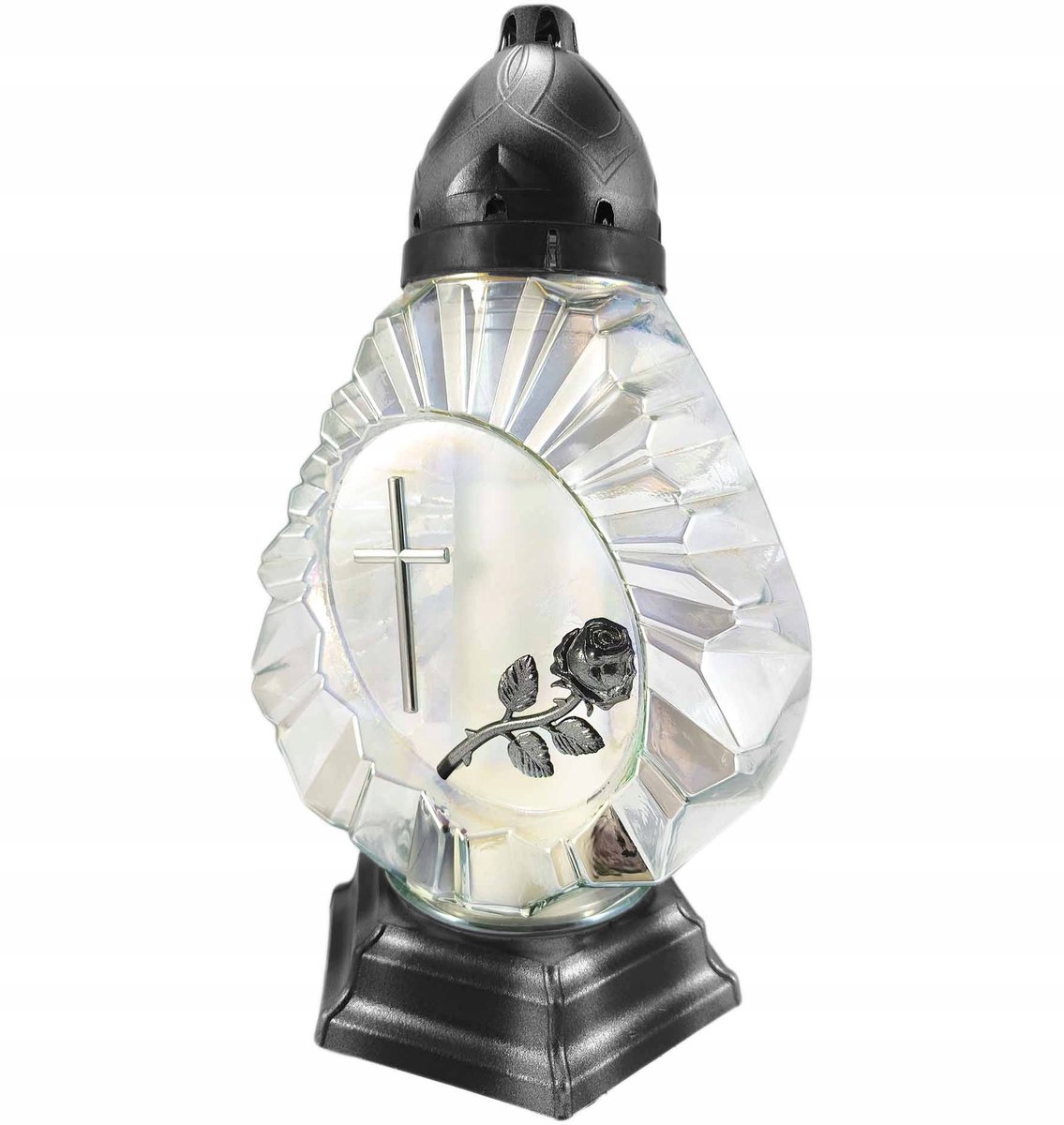 Grote Znicz met Rozenkruis - Glazen Lantaarn 37cm Zilver