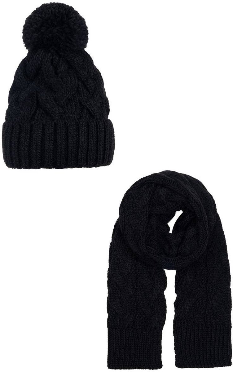 Set van gevlochten muts en sjaal met wol – unisex - zwart
