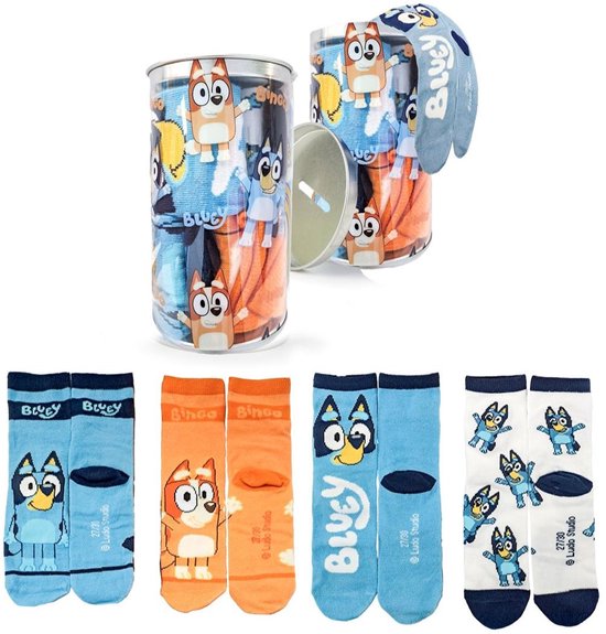 Chaussettes Bluey dans une tirelire – 4 paires – Chaussettes pour enfants – Emballage cadeau – Produit sous licence officielle