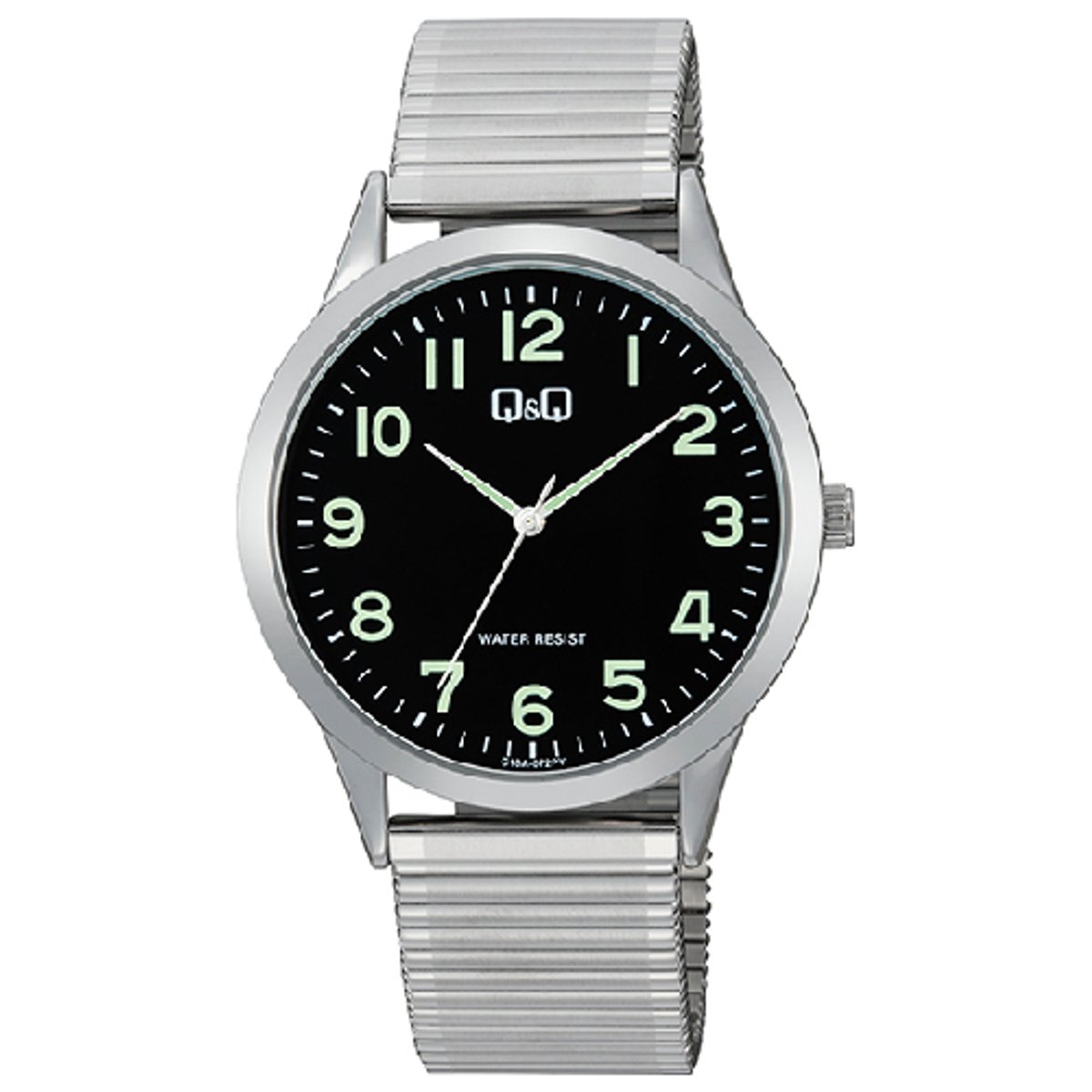 QQ-herenhorloge-rekbare stalen band-flexibele band-zilverkleurig-neon indexen-zwarte wijzerplaat-5 atm waterdicht-diameter 40 mm