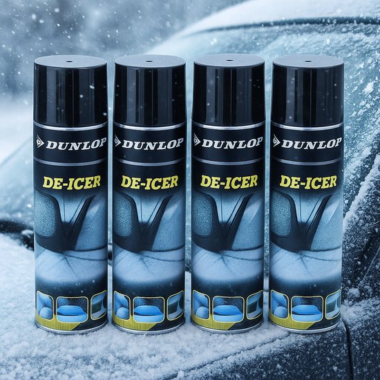 Vier spuitbussen Dunlop De-Icer op een besneeuwd auto.