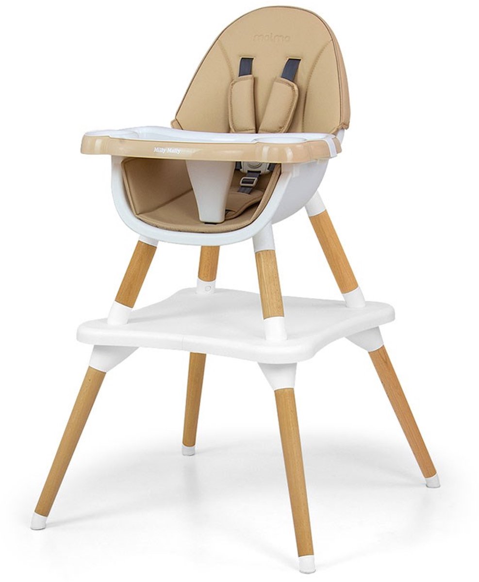 Milly Mally - Eetkamerstoel - 2-in-1 kinderstoel Malmö beige met verstelbare gordel - multifunctioneel - hoog laag - eco-leer - vlekbestendig - veilig - veelzijdig - praktisch - gebruiksvriendelijk - comfortabel - duurzaam