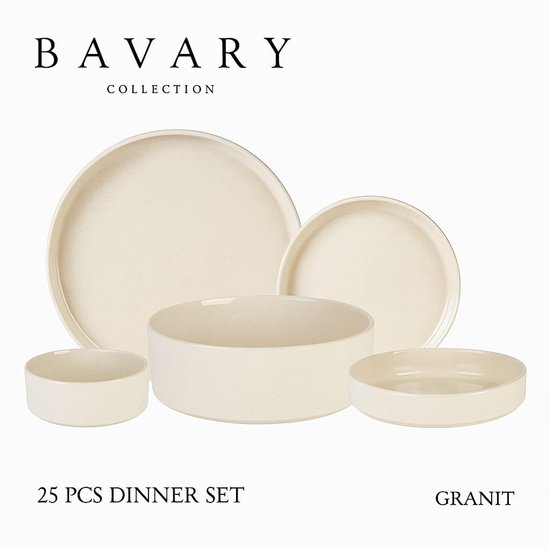 Service de table 25 pièces Bavaria Collection Granite – Service pour 6 personnes – Porcelaine – Beige – Comprend Assiettes, bols à soupe et saladier