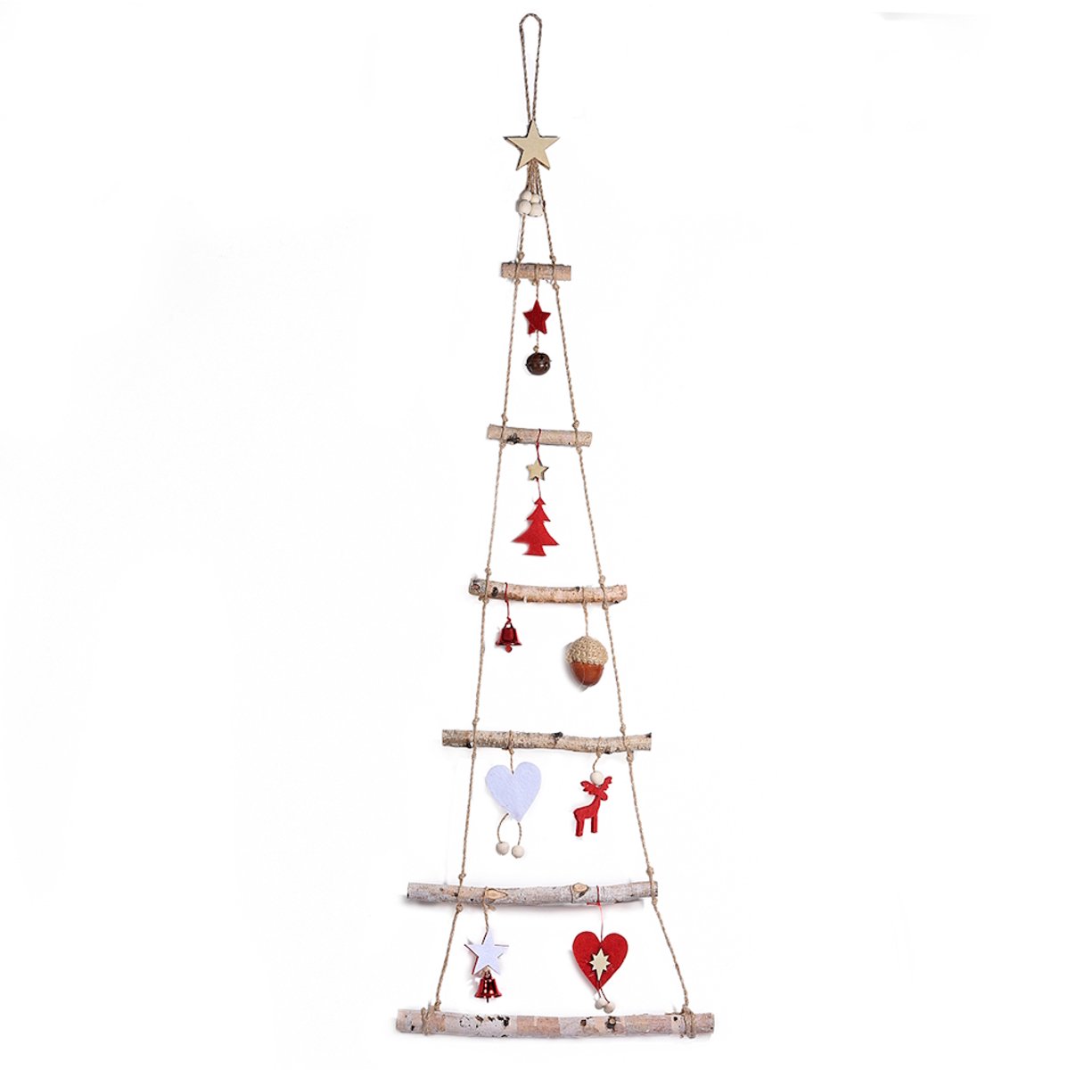 Hangende Kerstboom met decoratie - 33 x 98 cm - Berkentakken met Touw