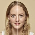 Vergelijking van huid vóór en na aanbrengen van L'Oréal foundation bij een blond model.