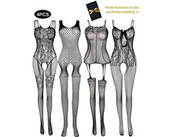 Sexy Lingerieset Dames – Erotische Lingerie – 4-delige Catsuit Set – Open Kruis Bodystockings – Zwarte Lingerie met Kant & Visnet – Verleidelijke Nachtkleding – Plus Size Friendly – One Size voor XS t/m XXL – Dare to Undress – Fierce Seduction – Maat