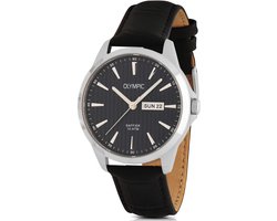 Olympic OL26HSL080 John Heren Horloge - Saffierglas - Staal/Leer - Zilverkleurig/Zwart - 41 mm breed - Quartz - Gesp - 10 ATM (zwemmen)