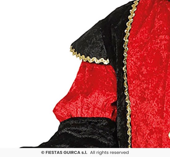 Detail van een rood fluwelen kostuum met zwarte fluwelen mouwen, gouden rand en gouden knopen.